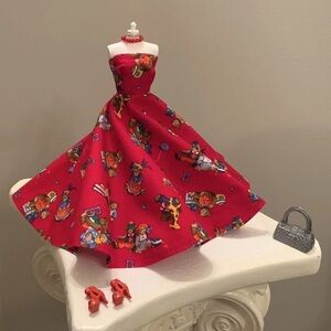 Vintage Handmade Barbie Doll Teddy Bear Themed Red Dress w/Accessories